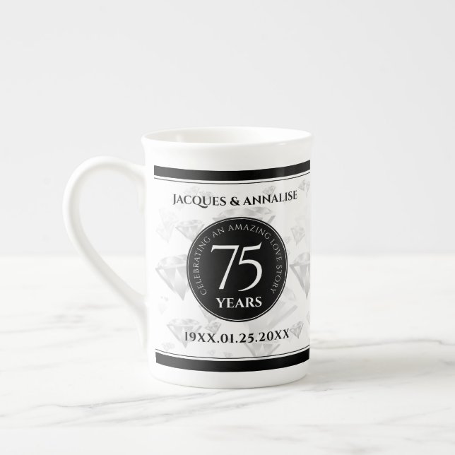 Elegant 75th Diamond Wedding Anniversary Bone China Mug (Left)