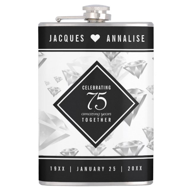 Elegant 75th Diamond Wedding Anniversary Hip Flask (Front)