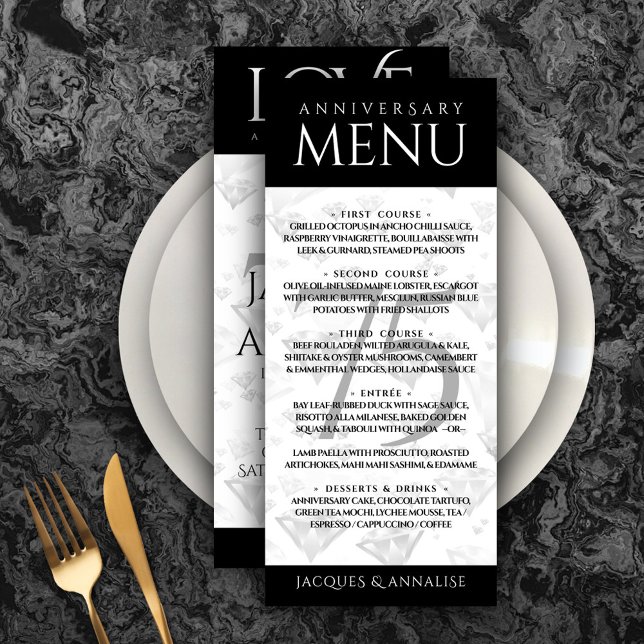 Elegant 75th Diamond Wedding Anniversary Menu (Elegant 75th Diamond Wedding Anniversary Menu 
Rack Card Cover Photo.)
