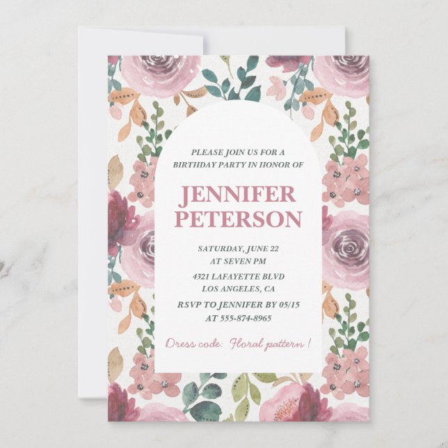 Elegant 77th birthday invitations Floral Boho Pink (Front)