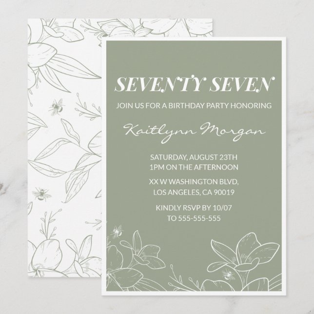 Elegant 77th birthday invitations Floral Green (Front/Back)