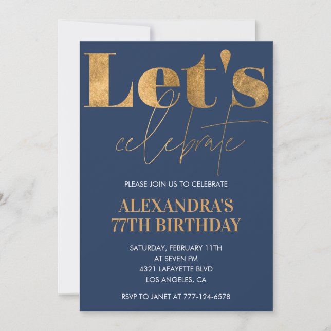 Elegant 77th birthday invitations Navy Blue Gold  (Front)