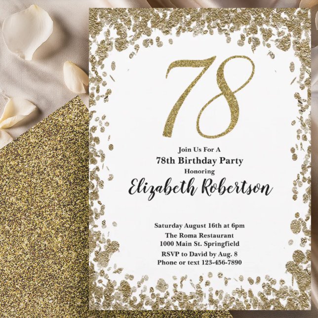 Elegant 78th Birthday Invitation With Gold Sequins (Creator Uploaded)