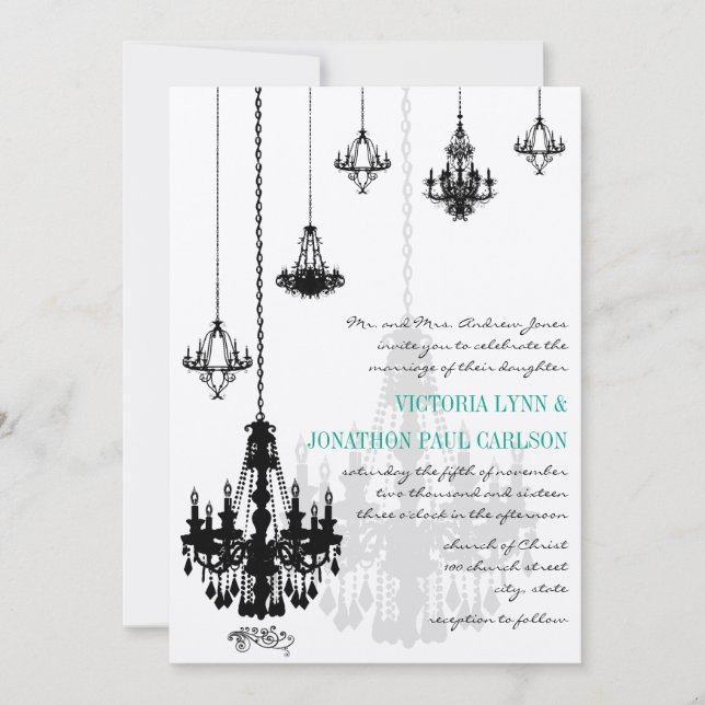 Elegant 7 Black Chandeliers Wedding  Invitation (Front)