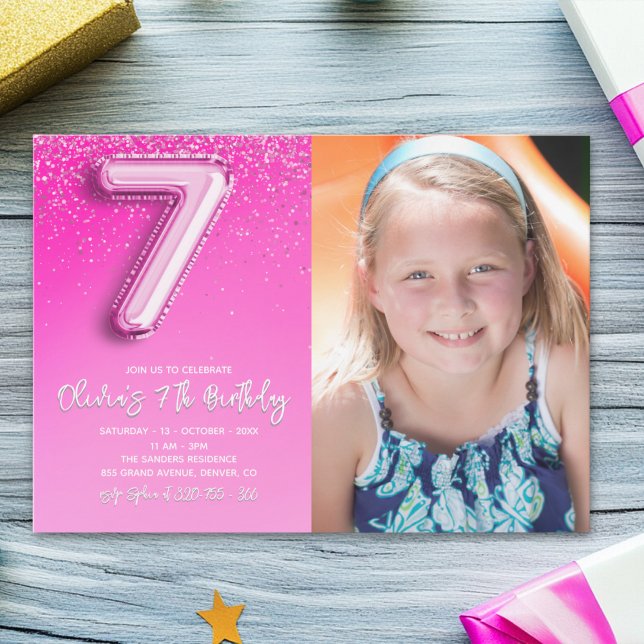 Elegant 7th Birthday girl with photo Numer Ballon Invitation (Creator Uploaded)