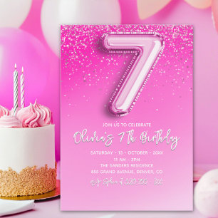 Elegant 7th Birthday Girl with Pink Number Balloon Invitation