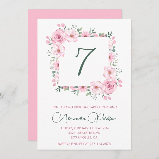 Elegant 7th birthday invitations Floral  Pink (Front/Back)