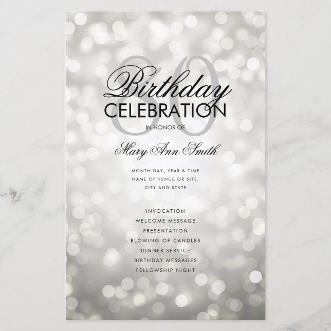 Elegant 80 Birthday Program Lights Silver Menu (Front)