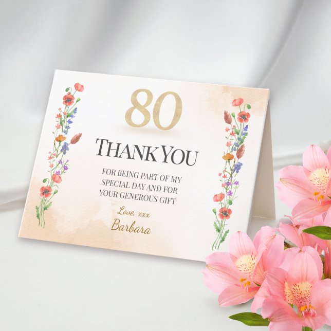 Elegant 80th Birthday – 80 Years Wildflowers Thank You Card (Creator Uploaded)