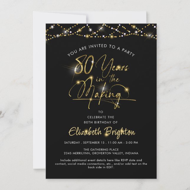 Elegant 80th Birthday Black Gold Script Lights Invitation (Front)