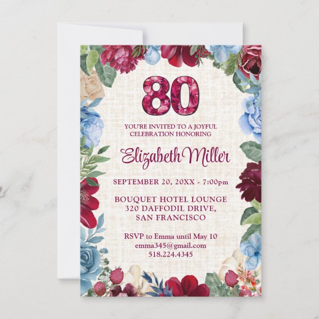 Elegant 80th Birthday – Burgundy Floral Design Invitation (Front)