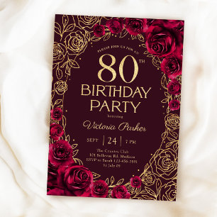 Elegant 80th Birthday Burgundy Gold Floral Invitation