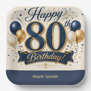 Elegant 80th Birthday Card Navy Blue and Gold  Paper Plate