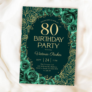 Elegant 80th Birthday Emerald Green Gold Floral Invitation