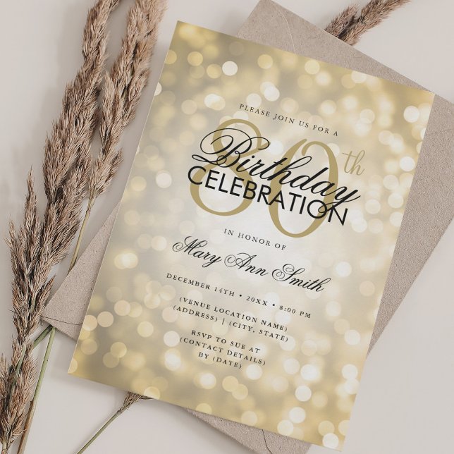 Elegant 80th Birthday Glam Gold Shimmer Lights Invitation (Elegant 80th Birthday Glam Gold Shimmer Lights Invitation)