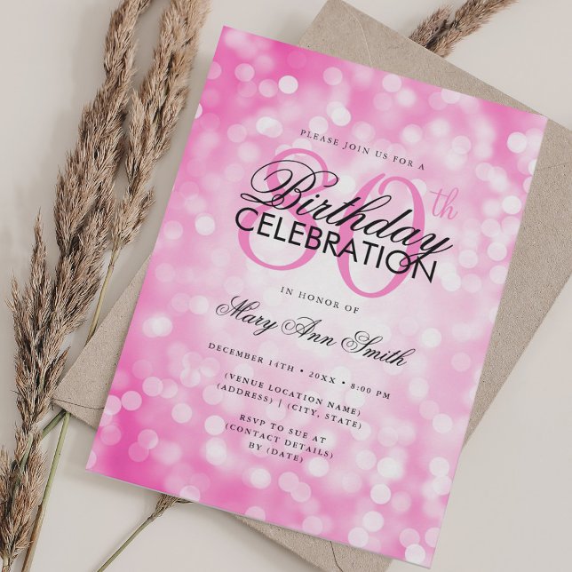 Elegant 80th Birthday Glam Pink Hot Shimmer Light Invitation (Elegant 80th Birthday Glam Pink Hot Shimmer Light Invitation)