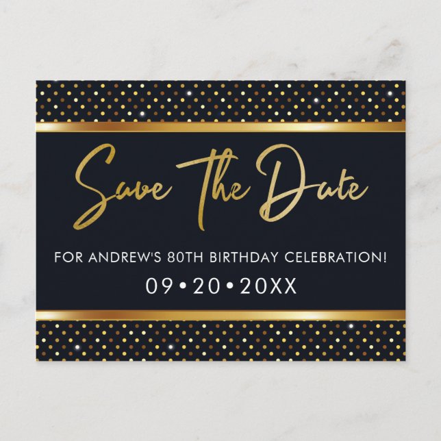 Elegant 80th Birthday Gold And Black Save The Date Postcard (Front)