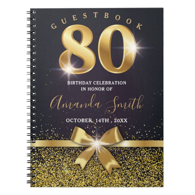 Elegant 80th Birthday Gold Glitter Guest book (Front)