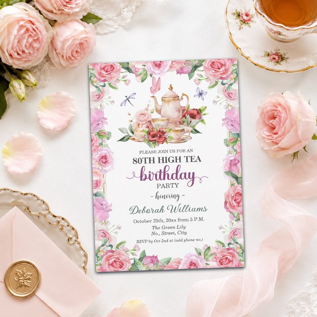 Elegant 80th Birthday High Tea Party  Invitation (Creator Uploaded)