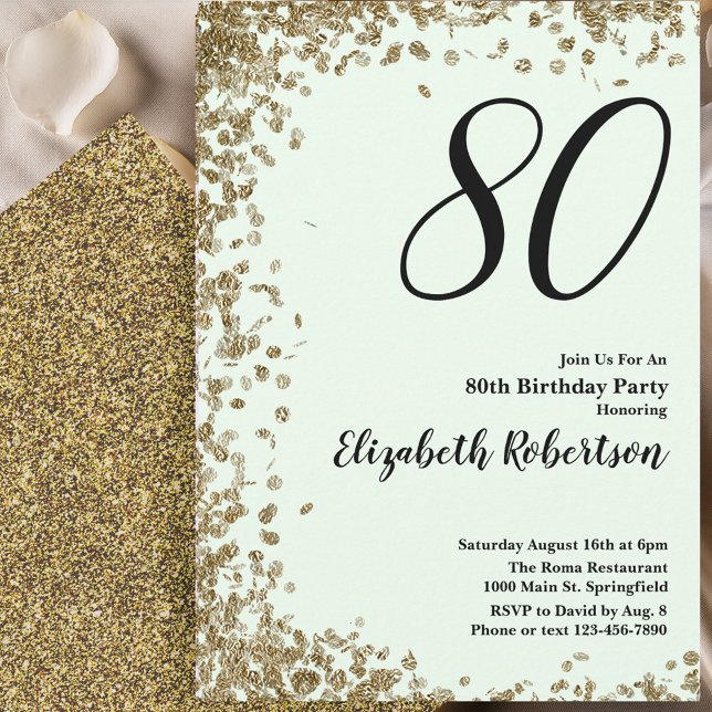 Elegant 80th Birthday Invitation Green Gold Sequin (Creator Uploaded)