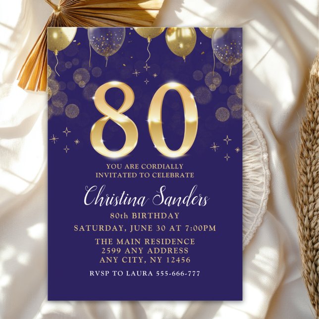 Elegant 80th Birthday Invitation with Gold Ballons (Creator Uploaded)