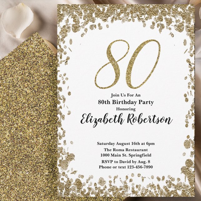 Elegant 80th Birthday Invitation With Gold Sequins (Creator Uploaded)