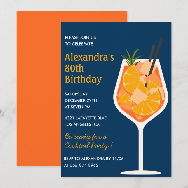 Elegant 80th birthday invitations Cocktail Navy (Front/Back)