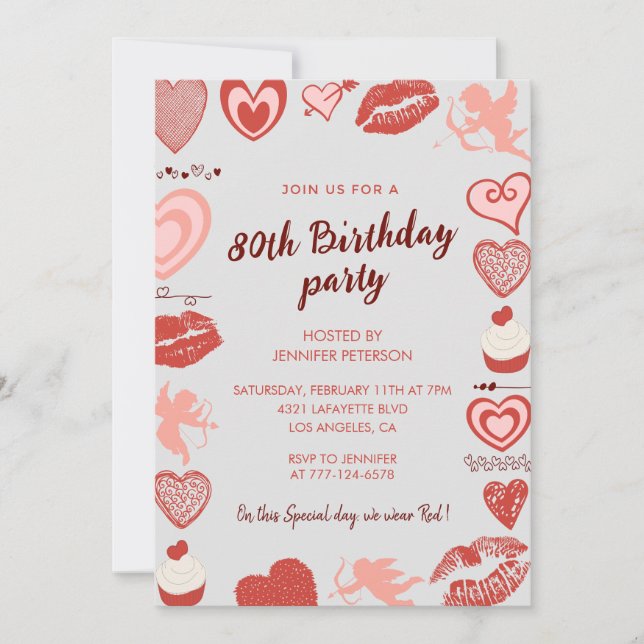 Elegant 80th birthday invitations Grey Red Hearts (Front)