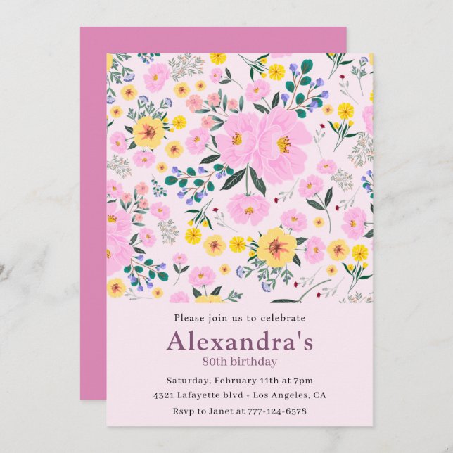 Elegant 80th birthday invitations Pink Floral Chic (Front/Back)