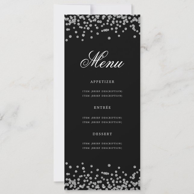 Elegant 80th Birthday Menu Silver Confetti Black  Invitation (Back)