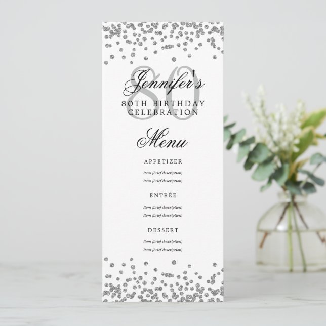 Elegant 80th Birthday Menu Silver Confetti  Invitation (Standing Front)
