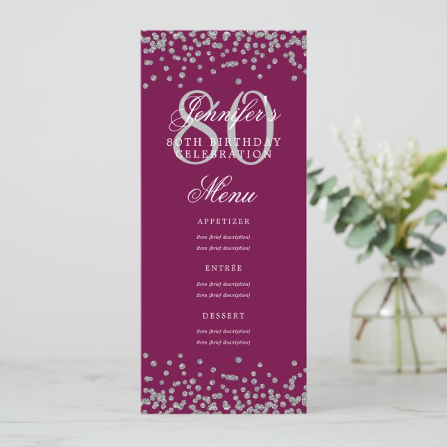 Elegant 80th Birthday Menu Silver Confetti Magenta Invitation (Standing Front)