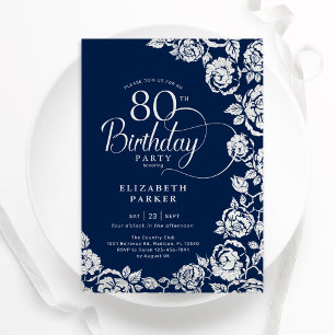 Elegant 80th Birthday Navy Silver Roses Invitation