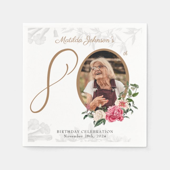 Elegant 80th Birthday Party Floral Botanical Photo Napkin (Front)