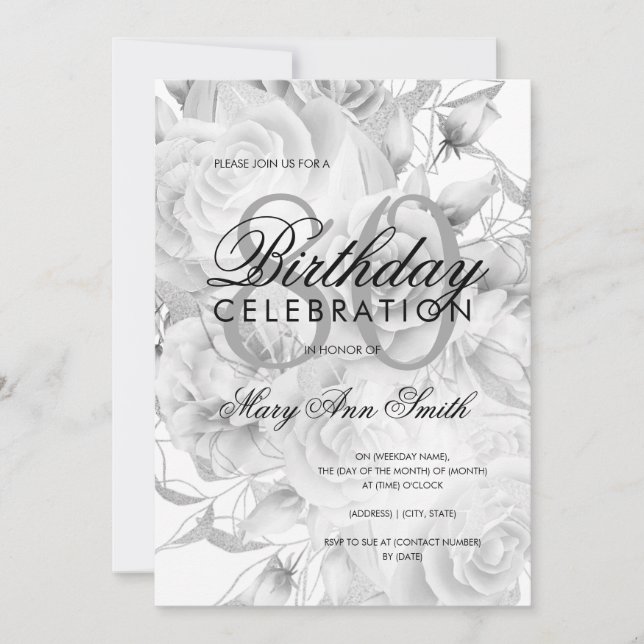 Elegant 80th Birthday Party Floral Silver White Invitation (Front)