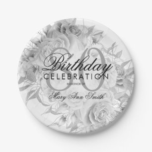 Elegant 80th Birthday Party Floral Silver White Paper Plate