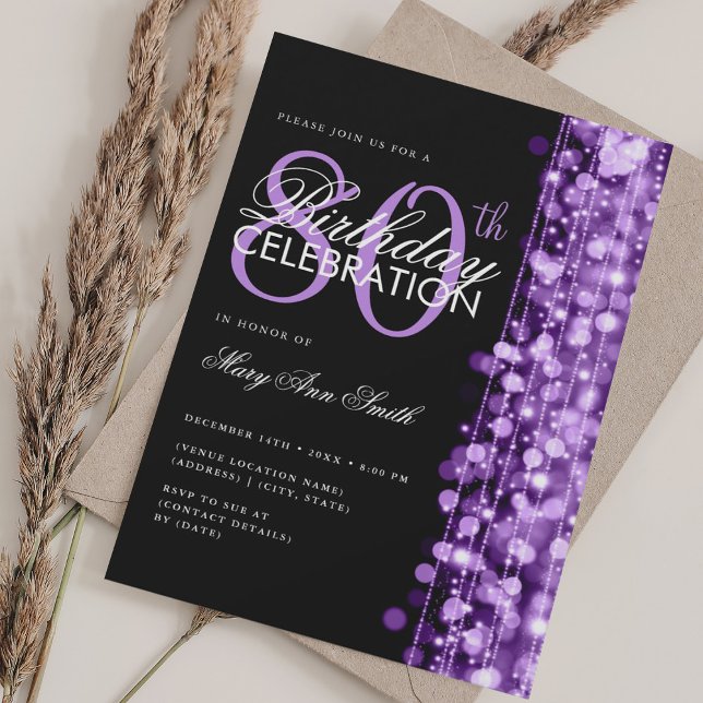 Elegant 80th Birthday Party Glam Sparkle Purple Invitation (Elegant 80th Birthday Party Glam Sparkle Purple Invitation)