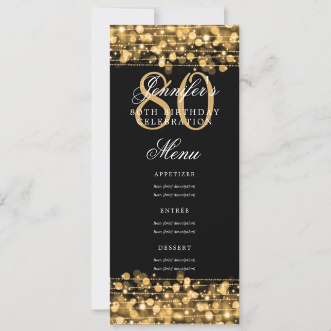 Elegant 80th Birthday Party Menu Gold Lights Invitation (Front)