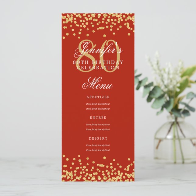Elegant 80th Birthday Party Menu Gold Red Confetti Invitation (Standing Front)