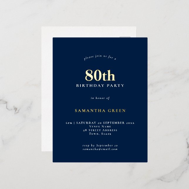 Elegant 80th Birthday Party Navy Blue Glam  Foil Invitation Postcard (Front/Back)