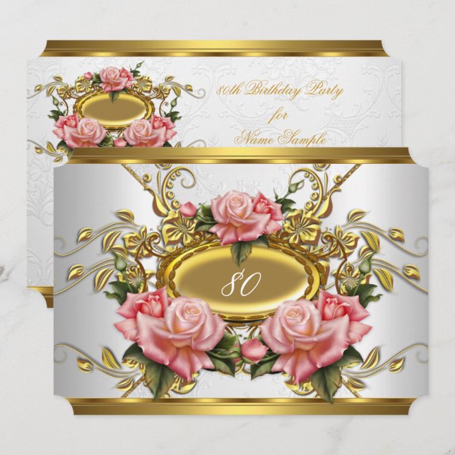 Elegant 80th Birthday Party Pink Gold Roses White Invitation (Front/Back)
