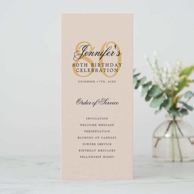 Elegant 80th Birthday Party Program Gold Champagne Invitation (Standing Front)