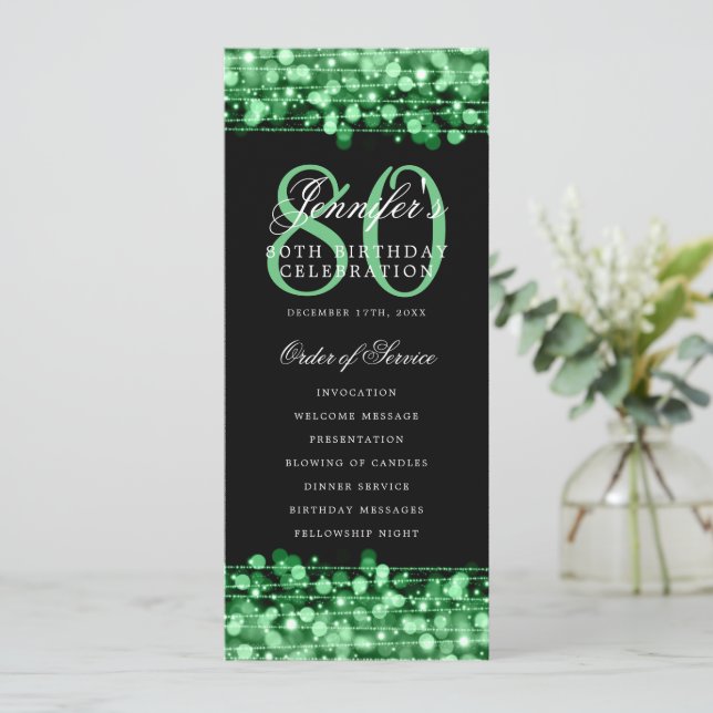 Elegant 80th Birthday Party Program Green Menu Invitation (Standing Front)