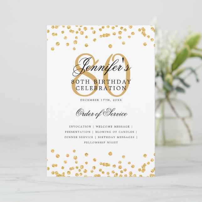 Elegant 80th Birthday Party Program Menu Gold  Invitation (Standing Front)