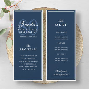 Elegant 80th Birthday Party Program Menu Navy Blue Invitation