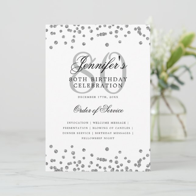 Elegant 80th Birthday Party Program Menu Silver  Invitation (Standing Front)