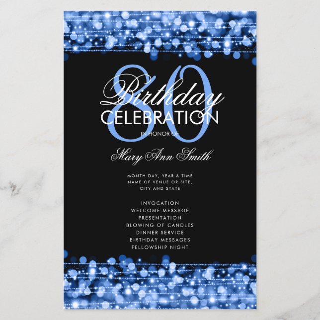 Elegant 80th Birthday Party Program Navy Blue Menu (Front)