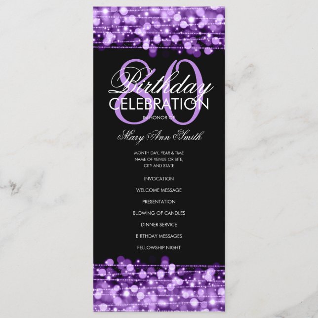 Elegant 80th Birthday Party Program Purple Menu (Front)