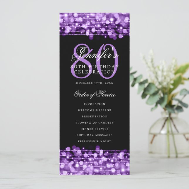 Elegant 80th Birthday Party Program Purple Menu Invitation (Standing Front)