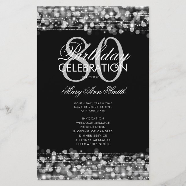 Elegant 80th Birthday Party Program Silver Menu (Front)